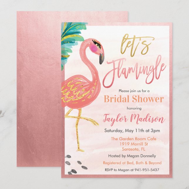Watercolor Flamingo Bridal Dusche Einladung (Vorne/Hinten)