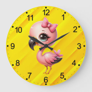 Watercolor Flamingo Cartoon Clipart Große Wanduhr