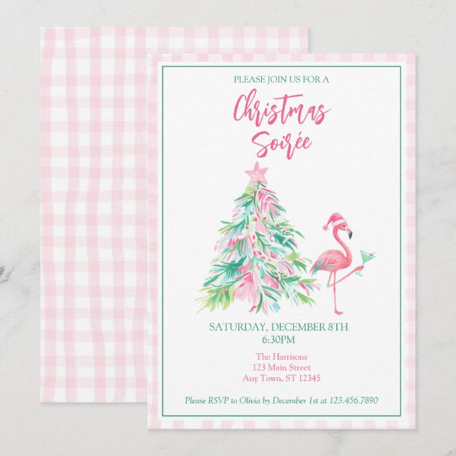 Watercolor Flamingo Christmas Soirée Invitation Einladung (Vorne/Hinten)