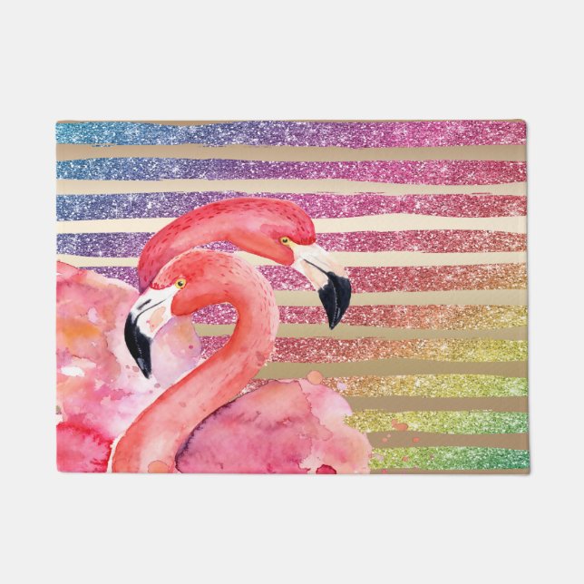 Watercolor-Flamingo-Glitzer-Goldstreifen Fußmatte (Vorderseite)