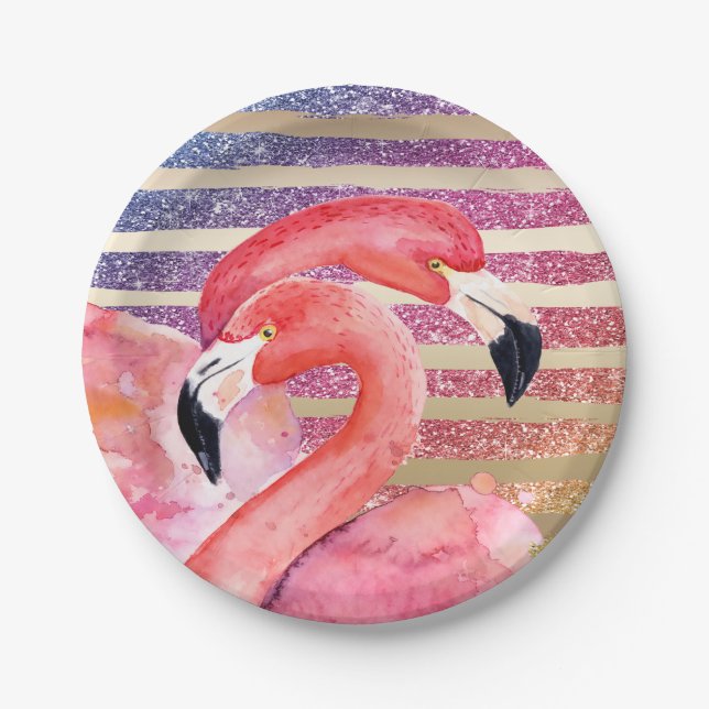 Watercolor-Flamingo-Glitzer-Goldstreifen Pappteller (Vorderseite)