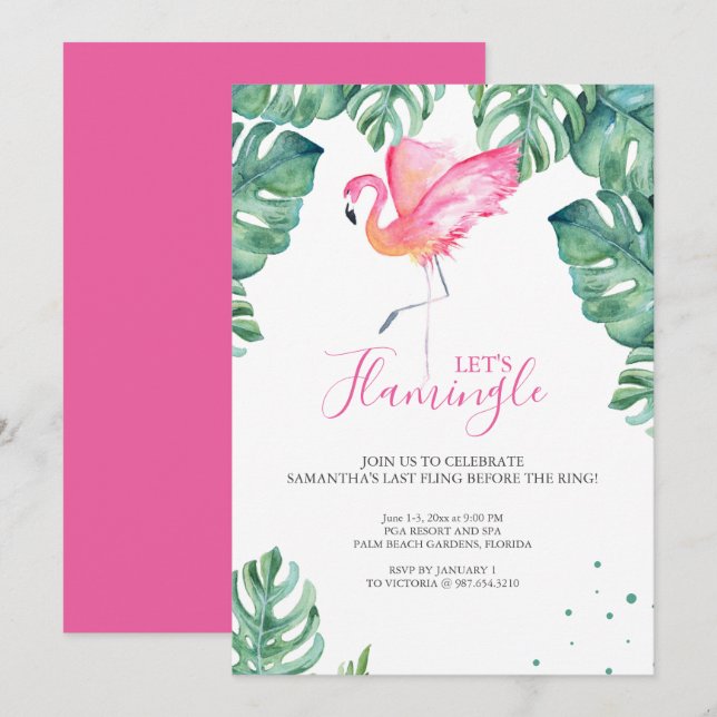 Watercolor Flamingo Junggeselinnen-Abschied Einladung (Vorne/Hinten)