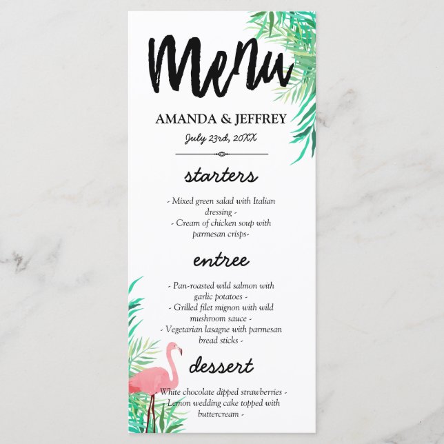Watercolor Flamingo & Palm Blätter Wedding Menu Menükarte (Vorderseite)