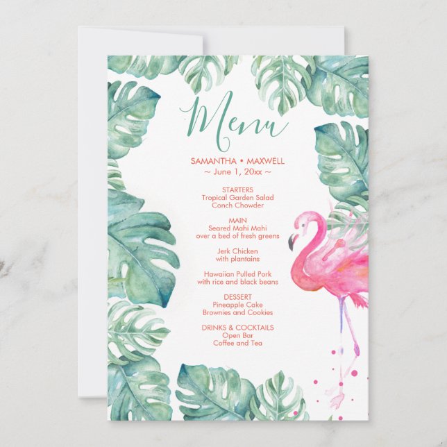 Watercolor Flamingo Tropical Menu Einladung (Vorderseite)