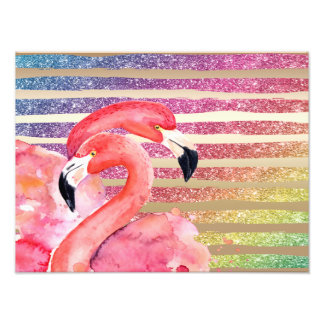 Watercolor Flamingos Glitzer Gold Streifen Fotodruck