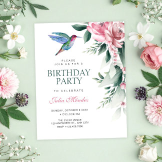 Watercolor floral bird birthday einladung
