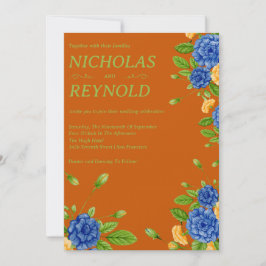Watercolor Floral Blue & Burnt Orange Wedding Einladung