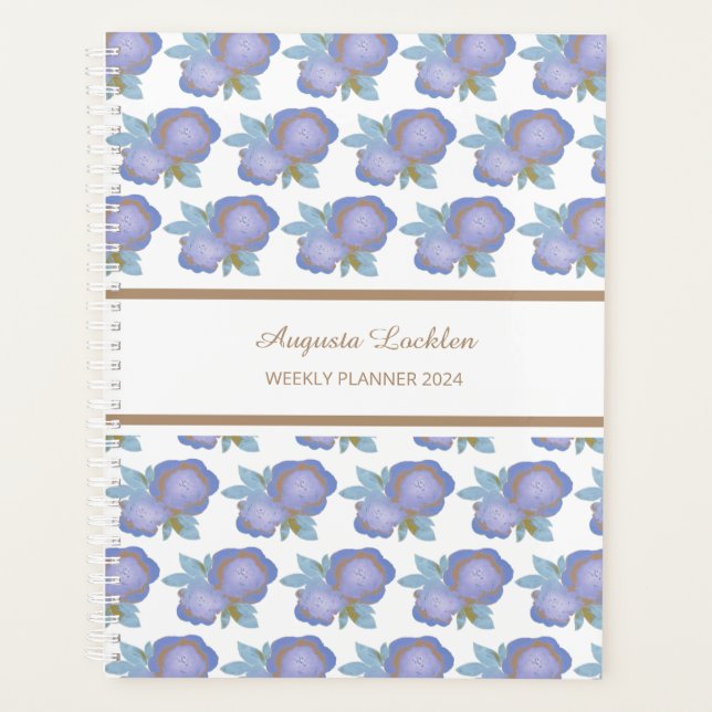 Watercolor Floral Blue Gold Muster Wochenplaner (Vorderseite)