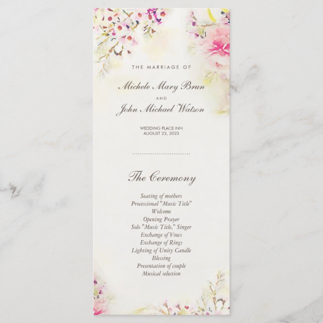 Watercolor Floral Boho Programme de mariage Cartes (Devant)