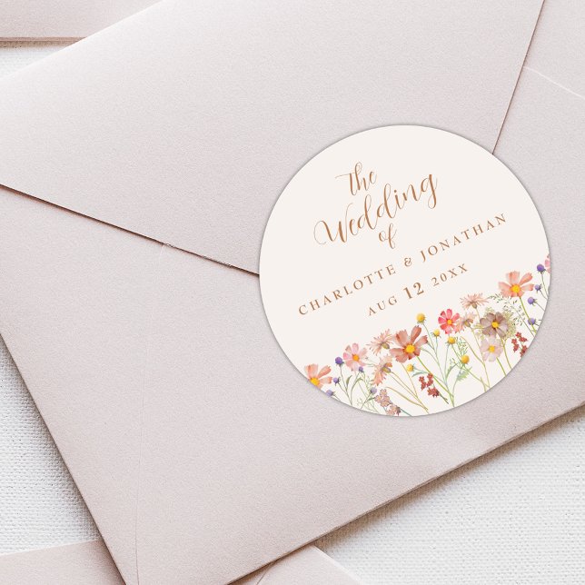 Watercolor Floral Boho Rustische Hochzeit Runder Aufkleber (Boho fall Wildflower custom Wedding stickers autumn watercolor florals elegant script )