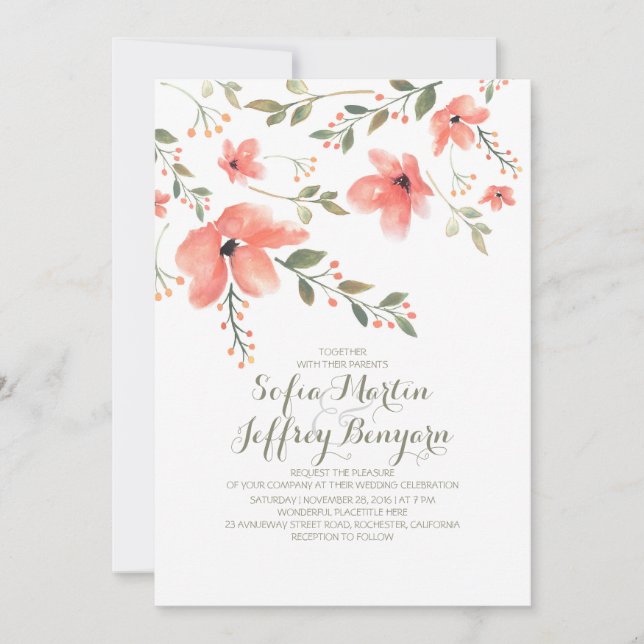 Watercolor Floral Botanical Wedding Invitations (Devant)
