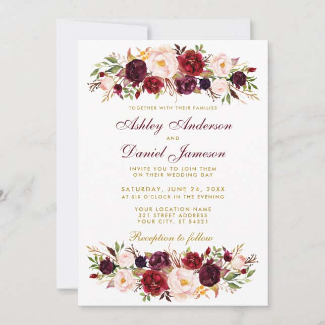 Watercolor Floral Burgund Hochzeit Einladung BGW (Vorderseite)