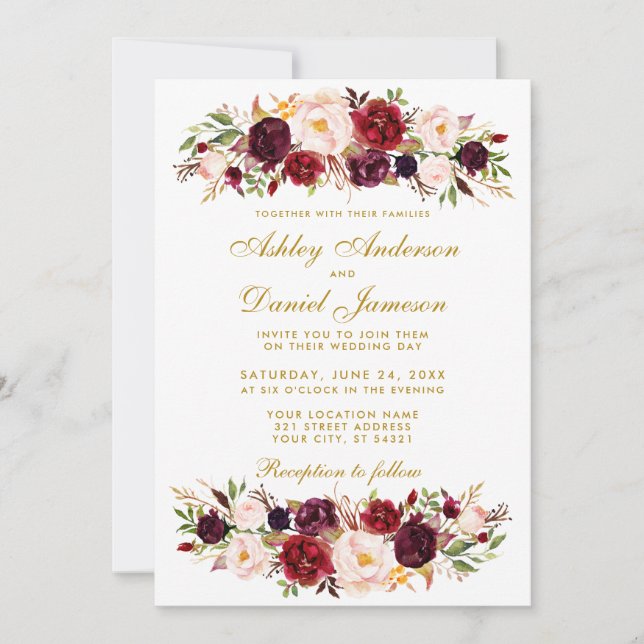 Watercolor Floral Burgund Hochzeit Einladung WG (Vorderseite)