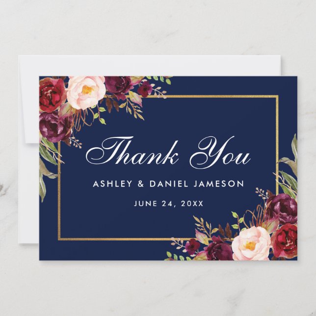 Watercolor Floral Burgundy Blue Wedding Danke (Vorderseite)