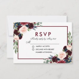 Watercolor Floral Burgundy Blue Wedding RSVP