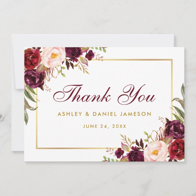 Watercolor Floral Burgundy Gold Wedding Danke B (Vorderseite)