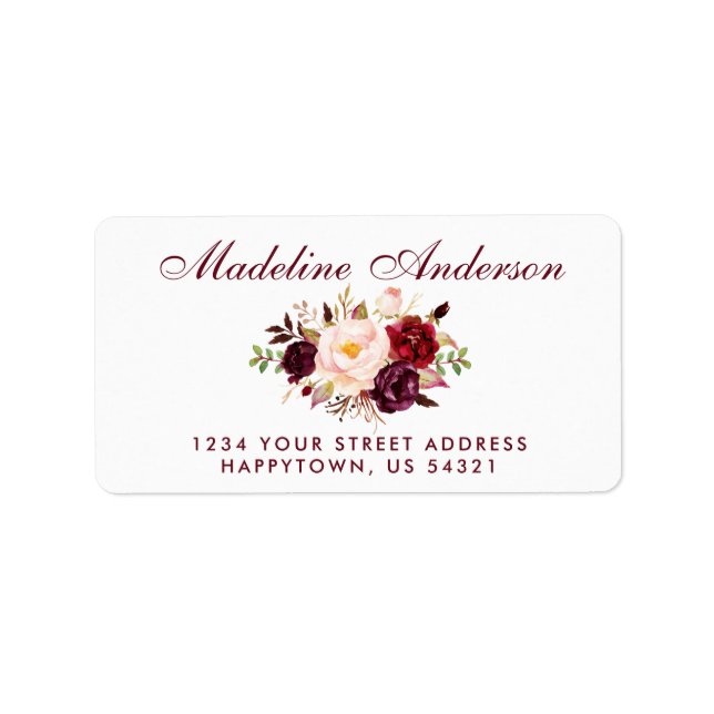 Watercolor Floral Burgundy Script-Adresse Adressaufkleber (Vorne)