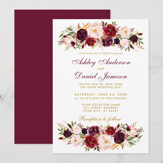 Watercolor Floral Burgundy Wedding Einladung BG (Vorne/Hinten)