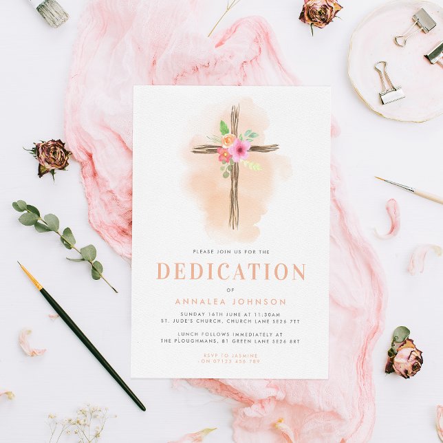 Watercolor Floral Cross Baby Dedication Invitation (Créateur téléchargé)