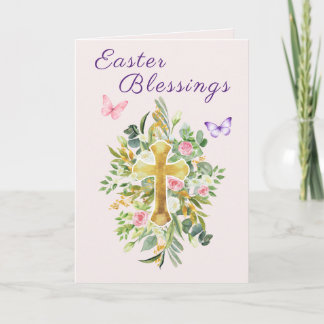 Watercolor Floral Cross Easter Blessings Scripture Feiertagskarte