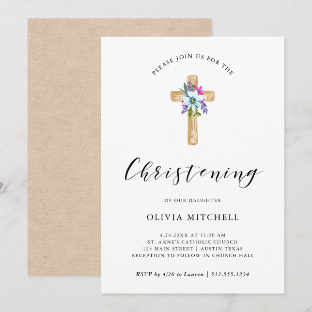 Watercolor Floral Cross Kraft Look | Feiern Einladung (Vorne/Hinten)