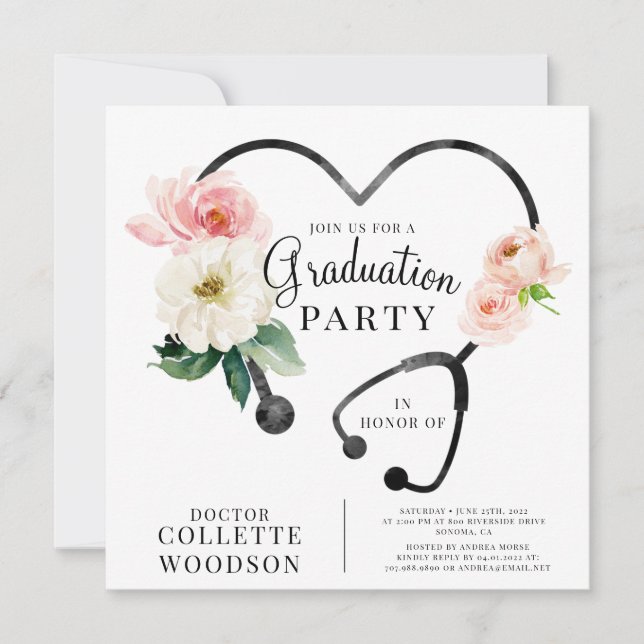 Watercolor Floral Doctor Graduation Invitation (Devant)