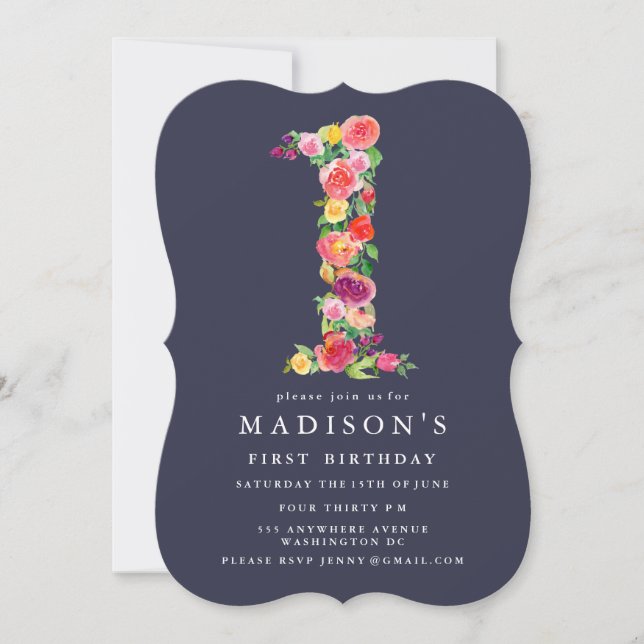 Watercolor Floral Girls 1er Invitation d'anniversa (Devant)