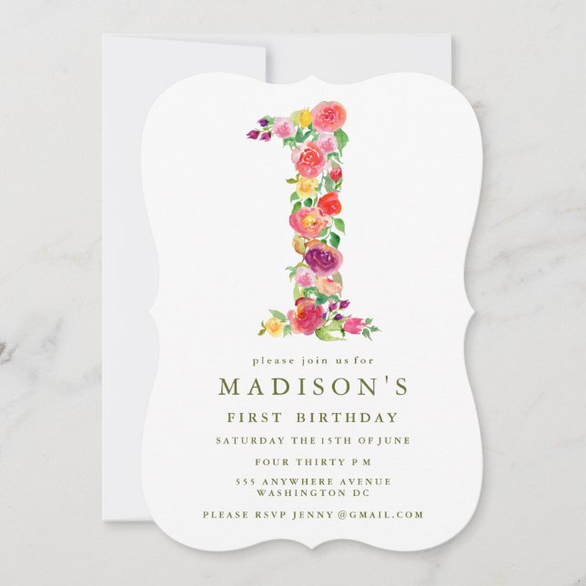 Watercolor Floral Girls 1er Invitation d'anniversa (Devant)