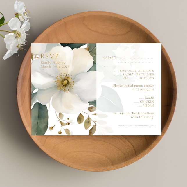 Watercolor Floral Gold Foliage Wedding RSVP Card (Von Creator hochgeladen)