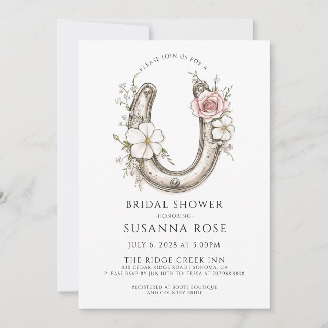 Watercolor Floral Horseshoe Bridal Shower Einladung (Vorderseite)