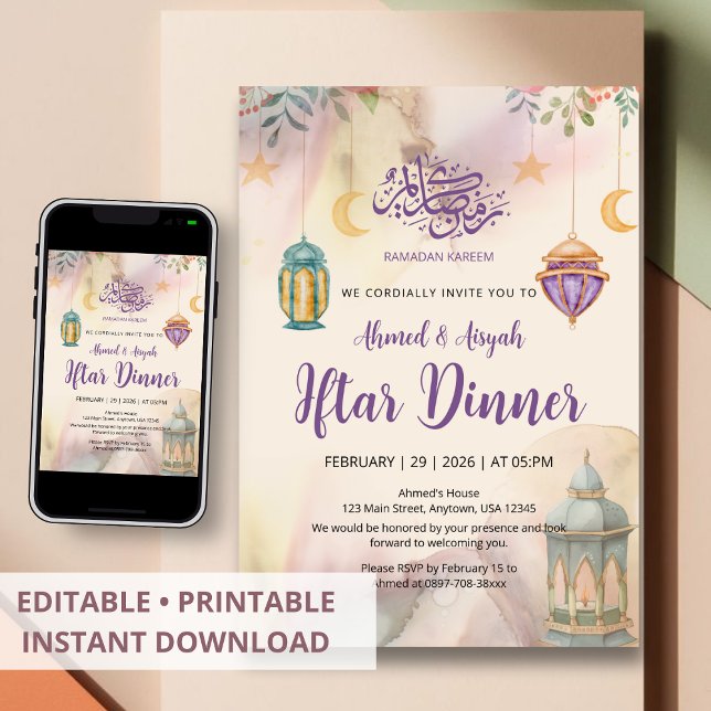 Watercolor Floral Lanterns Iftar Invitation (Créateur téléchargé)