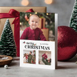 Watercolor Floral Merry Christmas Script 3-Photo Feiertagskarte<br><div class="desc">Send a jolly holiday greeting to your loved ones this year with this festive and easy to customize design! It features a three-photo template, text field for personalization and a custom merry Christmas text graphic embellished with sprigs of colorful holly. The color of the text can be customized in the...</div>
