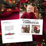 Watercolor Floral Merry Christmas Script 3-Photo Feiertagspostkarte<br><div class="desc">Send a jolly holiday greeting to your loved ones this year with this festive and easy to customize design! It features a three-photo template, text field for personalization and a custom merry Christmas text graphic embellished with sprigs of colorful holly. The color of the text can be customized in the...</div>