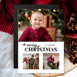 Watercolor Floral Merry Christmas Script 3-Photo Magnetkarte<br><div class="desc">Send a jolly holiday greeting to your loved ones this year with this festive and easy to customize design! It features a three-photo template, text field for personalization and a custom merry Christmas text graphic embellished with sprigs of colorful holly. The color of the text can be customized in the...</div>