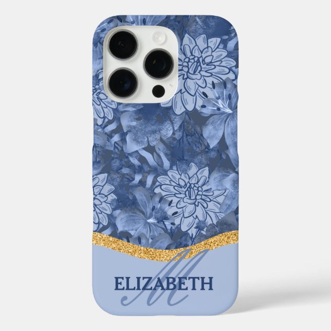 Watercolor Floral Monogram Pattern - Blue on Blue iPhone 16 Pro Hülle (Rückseite)