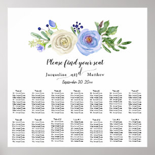 Watercolor Floral Navy Blue n White Seating Chart Poster