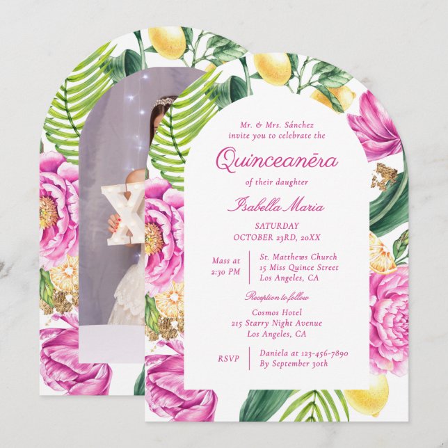 Watercolor Floral Peonies Custom Photo Quinceañera Einladung (Vorne/Hinten)