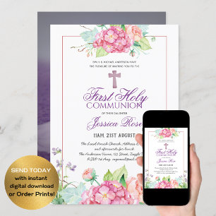 Watercolor Floral PHOTO First Communion Invitation