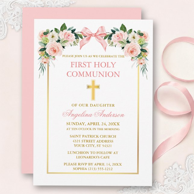 Watercolor Floral Pink Bow Gold Frame Communion Einladung (Customize to change text color, size, style or to change color of back of card.)