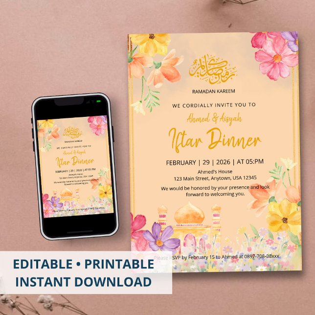 Watercolor Floral Ramadan Kareem Iftar Dinner Einladung (Von Creator hochgeladen)