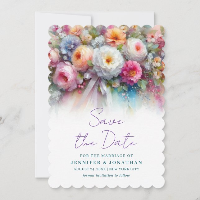Watercolor Floral Script Save The Date Scalloped (Vorderseite)