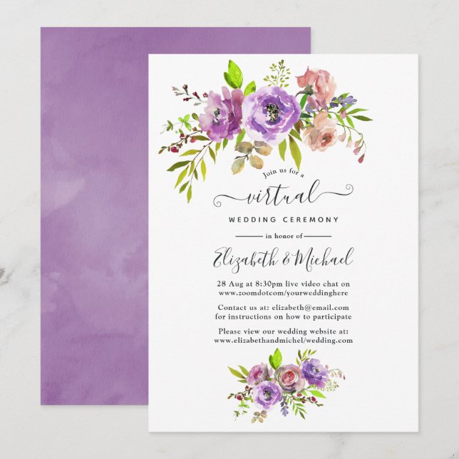 Watercolor Floral Spring Online Virtual Wedding Einladung (Vorne/Hinten)