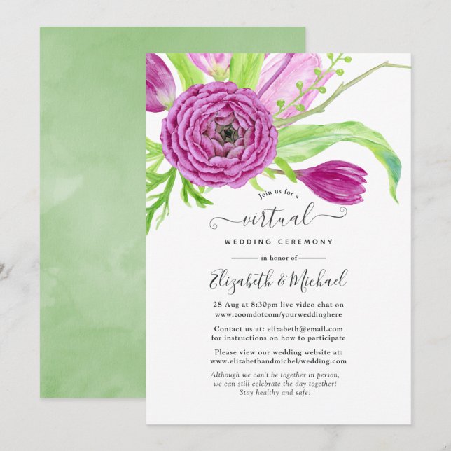 Watercolor Floral Spring Online Virtual Wedding Einladung (Vorne/Hinten)