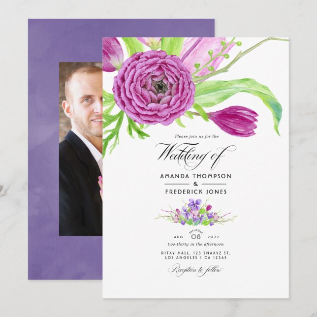 Watercolor Floral Spring Wedding Invitation (Devant / Derrière)