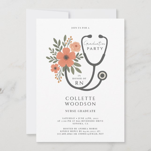 Watercolor Floral Stethoscope Nurse Graduation Einladung (Vorderseite)