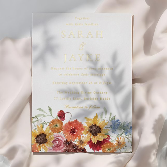 Watercolor Floral Summer Wedding Gold Folieneinladung (Von Creator hochgeladen)