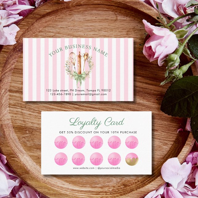 Watercolor Floral Utensils Cooking Bakery Treuekarte (Watercolor Pink Stripe and Floral Utensils cooking loyalty card)