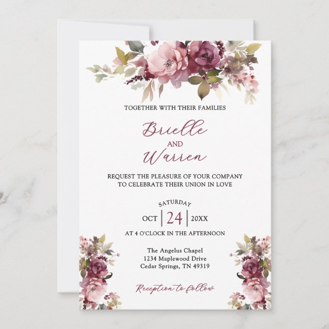 Watercolor Floral Wedding Invitation Burgundy Pink (Devant)
