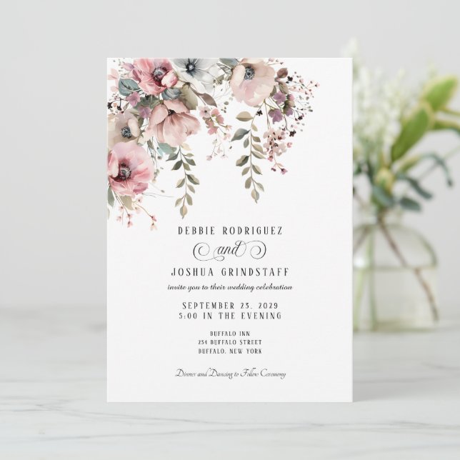 Watercolor Floral Wedding Invitation  Einladung (Stehend Vorderseite)