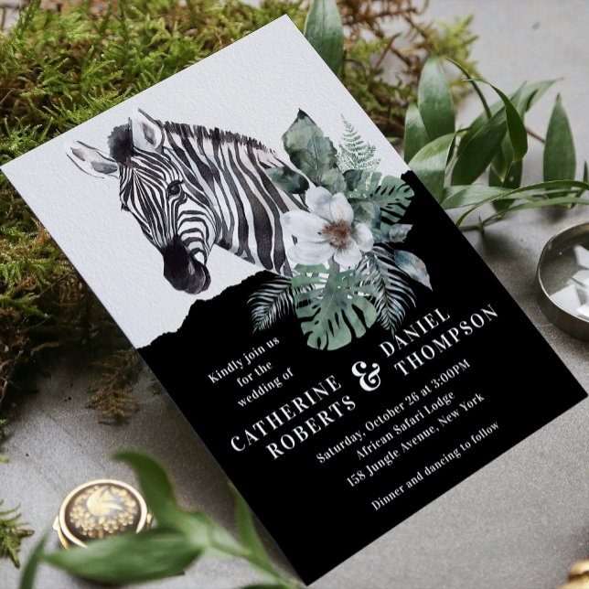 Watercolor Floral Wild Zebra Safari Wedding Einladung (Von Creator hochgeladen)